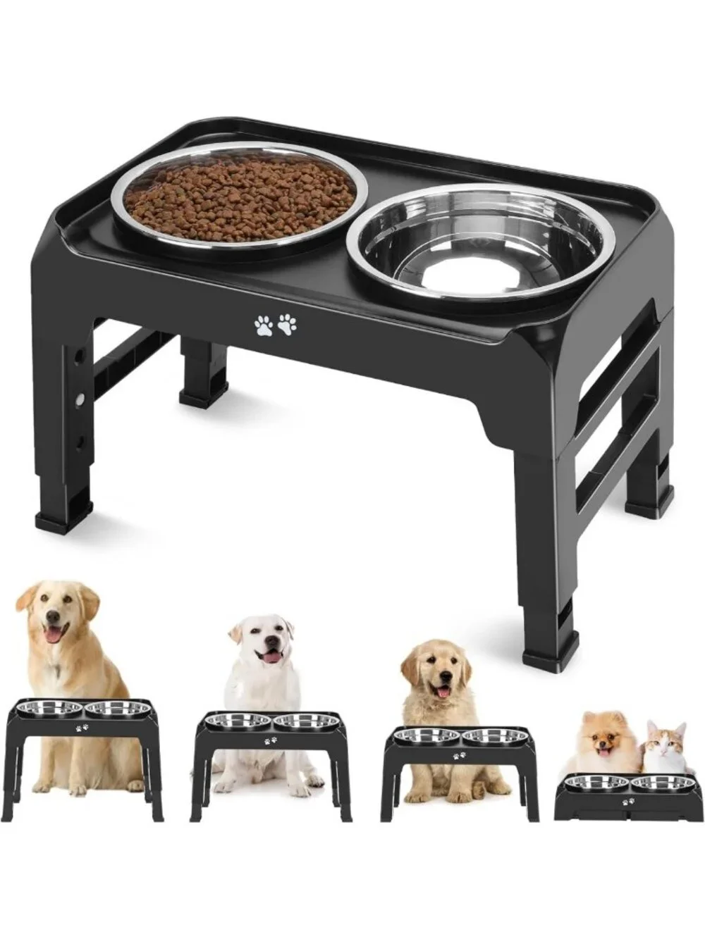 Adjustable Elevated Dog Bowls - 4 Heights, Non-Slip Feeder & 2 Stainless Steel